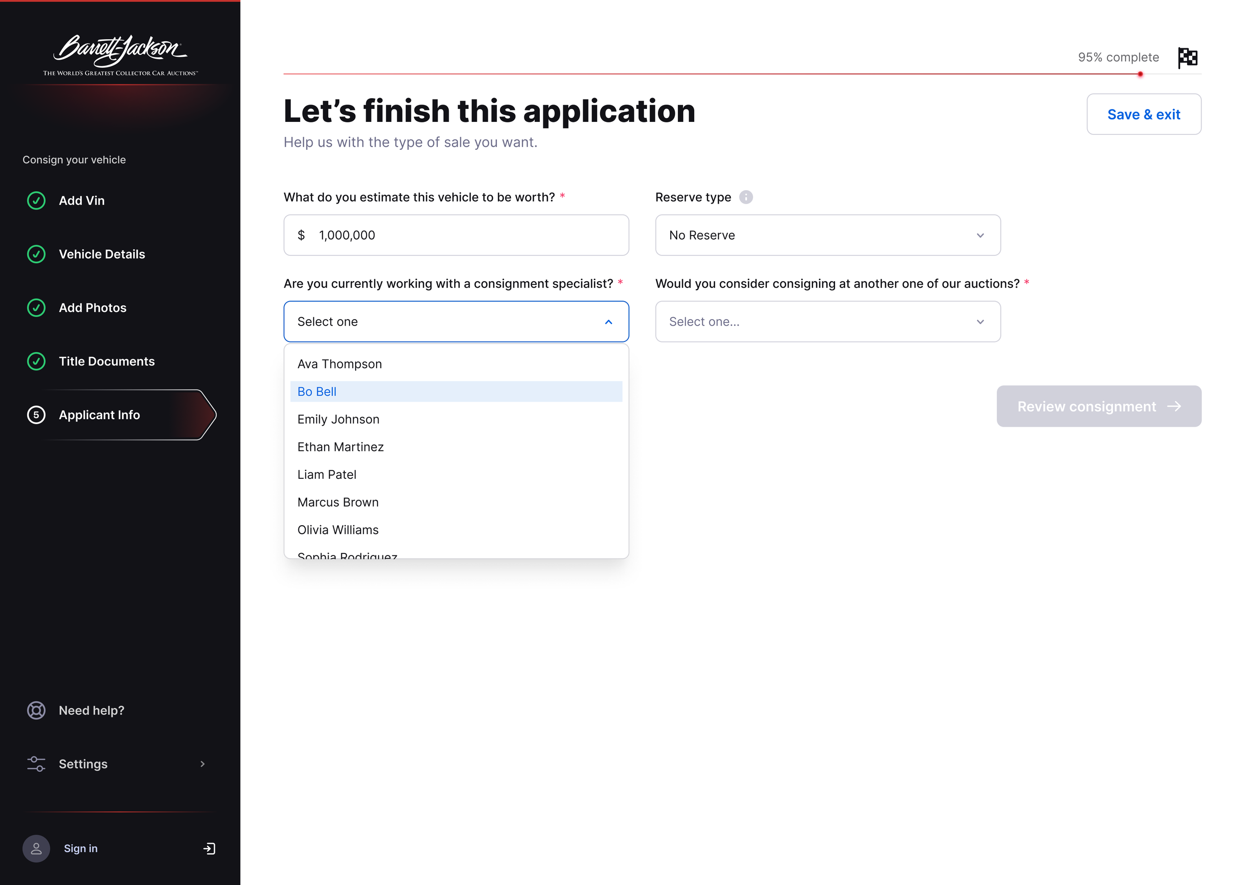 Consignor flow screen 8 - Finish application